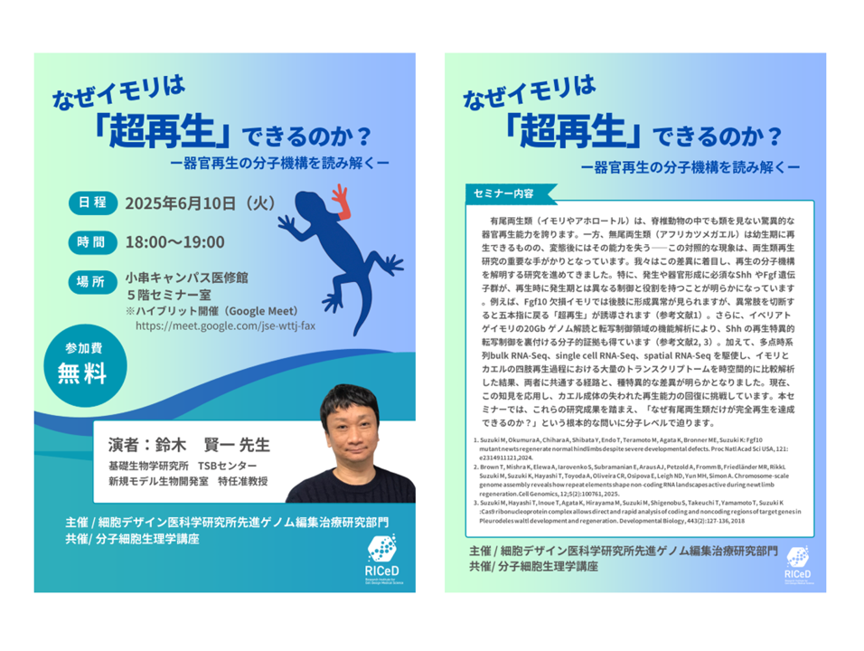 *ご案内* 6/10(火)なぜイモリは「超再生」できるのか?ー器官再生の分子機構を読み解くーを 開催します